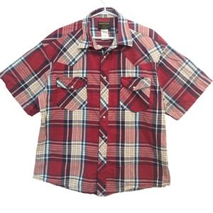 Rustler Wrangler Men's XL Red Plaid Cotton Pearl Snap Short Sleeve Western Shirt